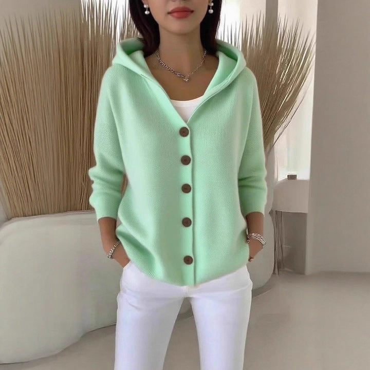 European And American Button Knitted Hooded Sweater Cardigan Coat