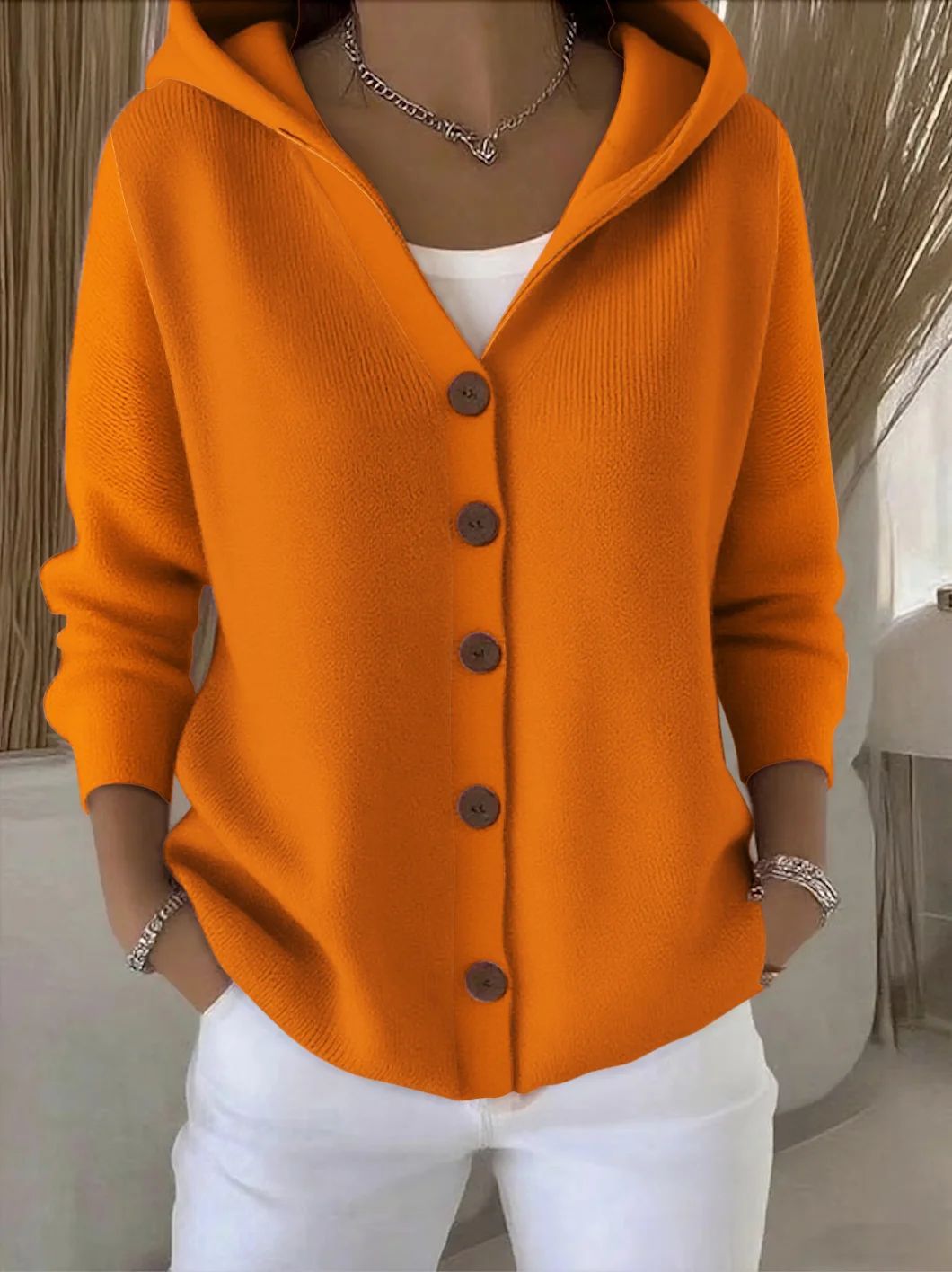 European And American Button Knitted Hooded Sweater Cardigan Coat