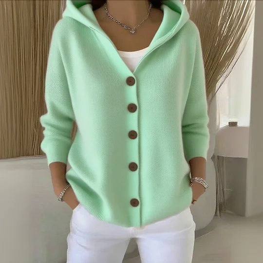 European And American Button Knitted Hooded Sweater Cardigan Coat