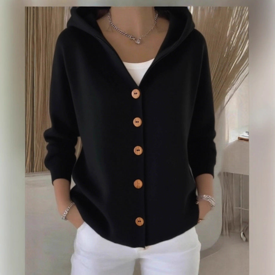 European And American Button Knitted Hooded Sweater Cardigan Coat
