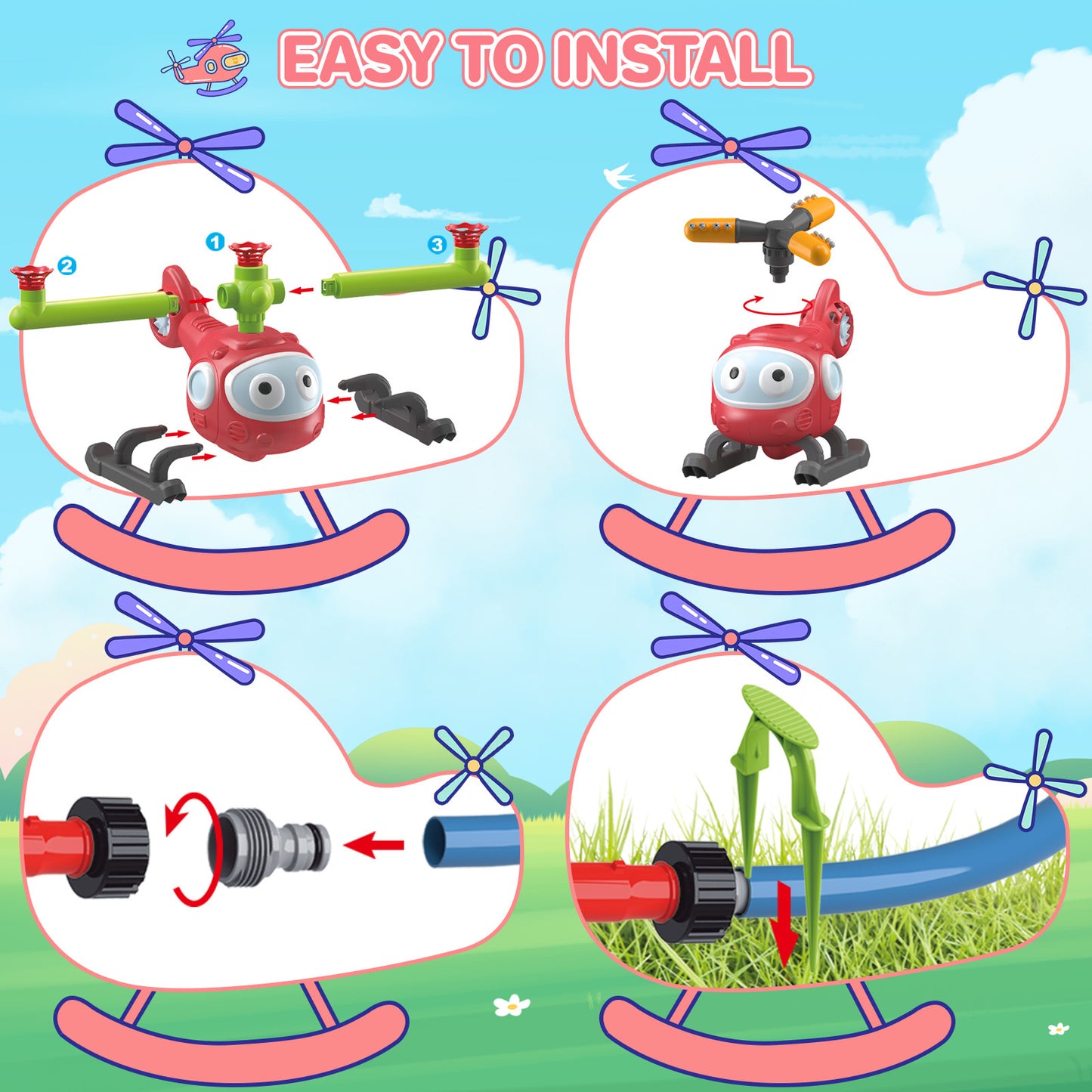 4 In 1 Water Sprinklers T Ball Set For Kids And Toddlers, Baseball Sprinkler For Backyard Helicopter Toy Outdoor Game, Attaches To Garden Hose Summer Yard Pool Water Toy