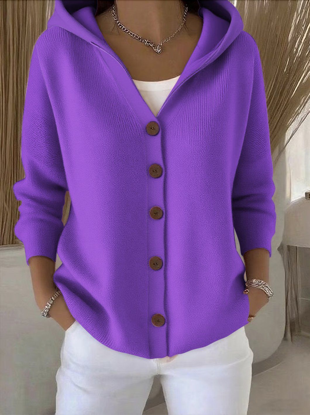European And American Button Knitted Hooded Sweater Cardigan Coat