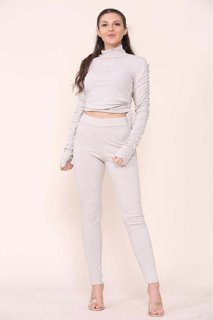 High Neck Ruched Side Arm Solid Drawstrings Ribbed Tee And Leggings Set