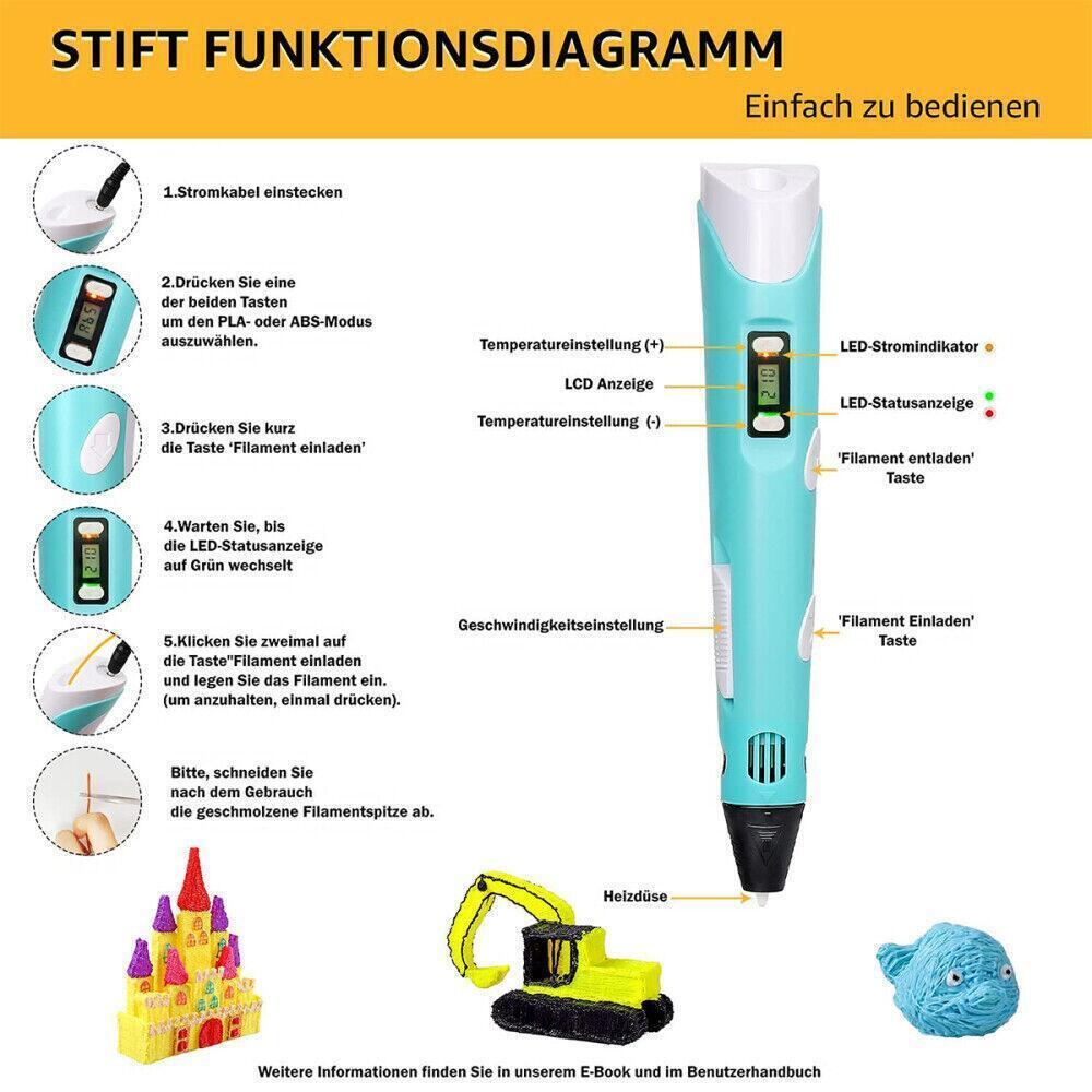DIY Kinder 3D Stifte Set 3D Druckstift PLA Filament 3D Printing Pen Mit 12Farben