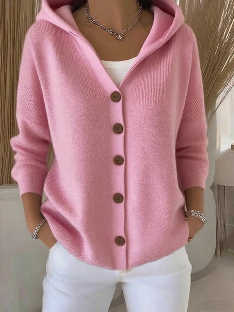 European And American Button Knitted Hooded Sweater Cardigan Coat