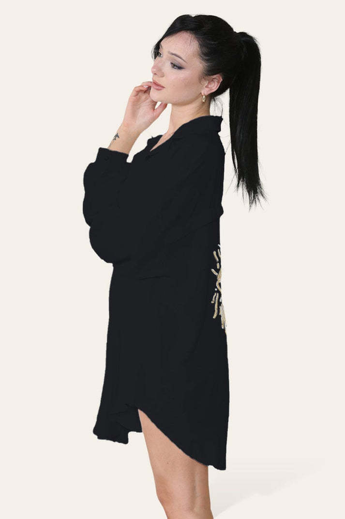 Oversized Long Sleeve Gold Sequin Eye Button Up Shirt