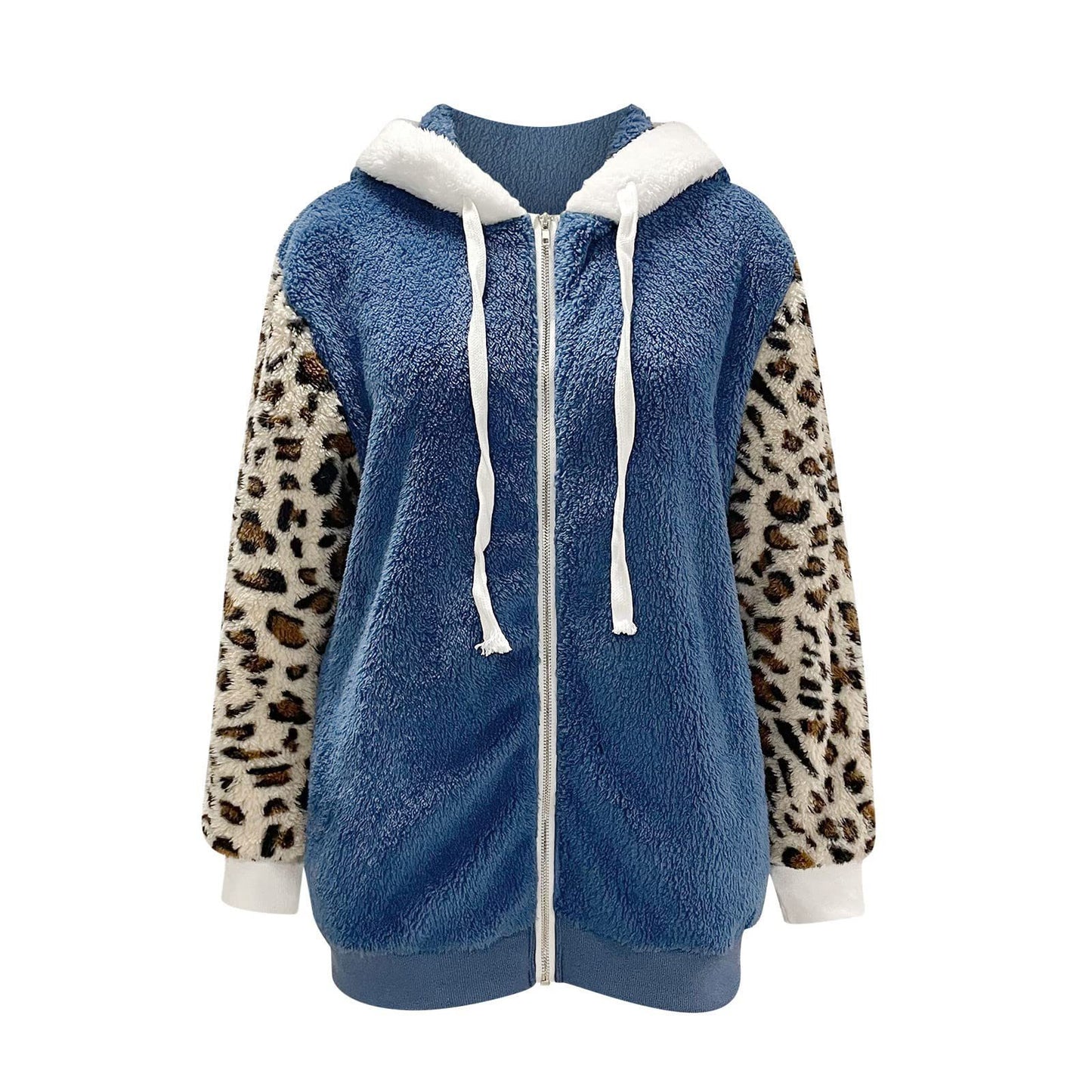 Long-sleeve Zipper Leopard Splicing Hooded Plush Coat For Women