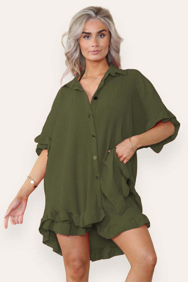 Button Pleated Frilled Ruffle Short Sleeves Shirt Top And Short Co-Ord Set
