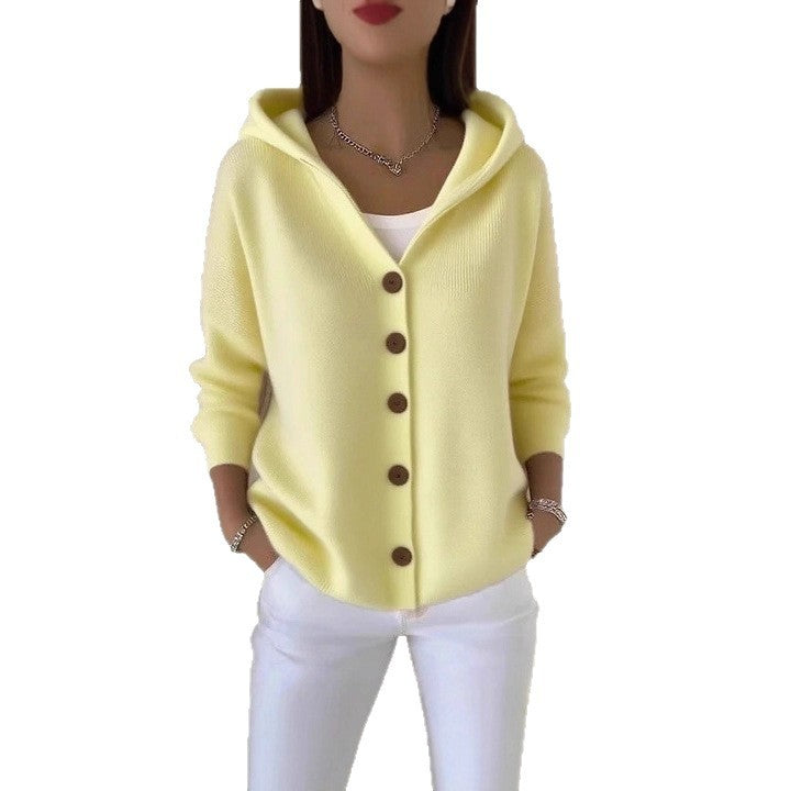European And American Button Knitted Hooded Sweater Cardigan Coat