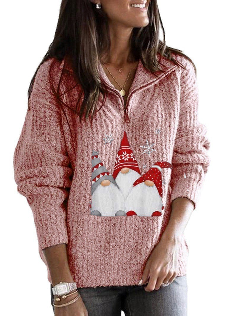 Women's Printed Long-sleeve Zipper Knitted Sweater