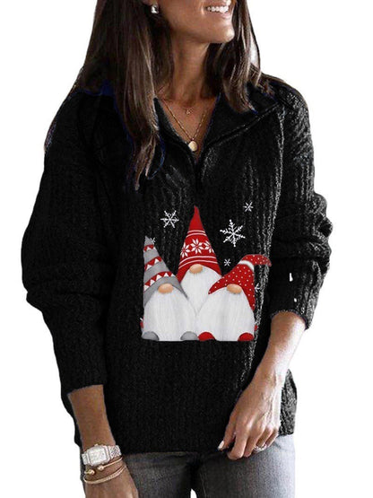 Women's Printed Long-sleeve Zipper Knitted Sweater