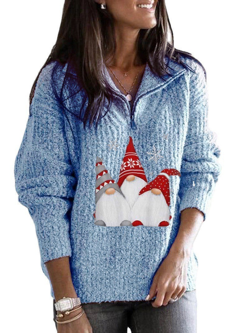 Women's Printed Long-sleeve Zipper Knitted Sweater