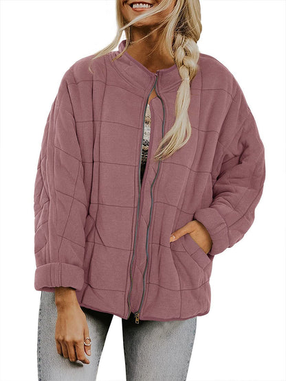Winter Zip-up Stand Collar Coat With Pockets Fashion Solid Color Plaid Long Sleeved Jacket Women's Clothing