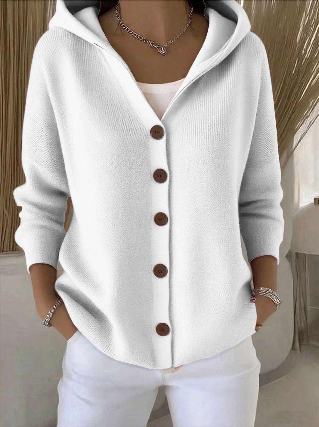 European And American Button Knitted Hooded Sweater Cardigan Coat