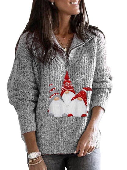 Women's Printed Long-sleeve Zipper Knitted Sweater