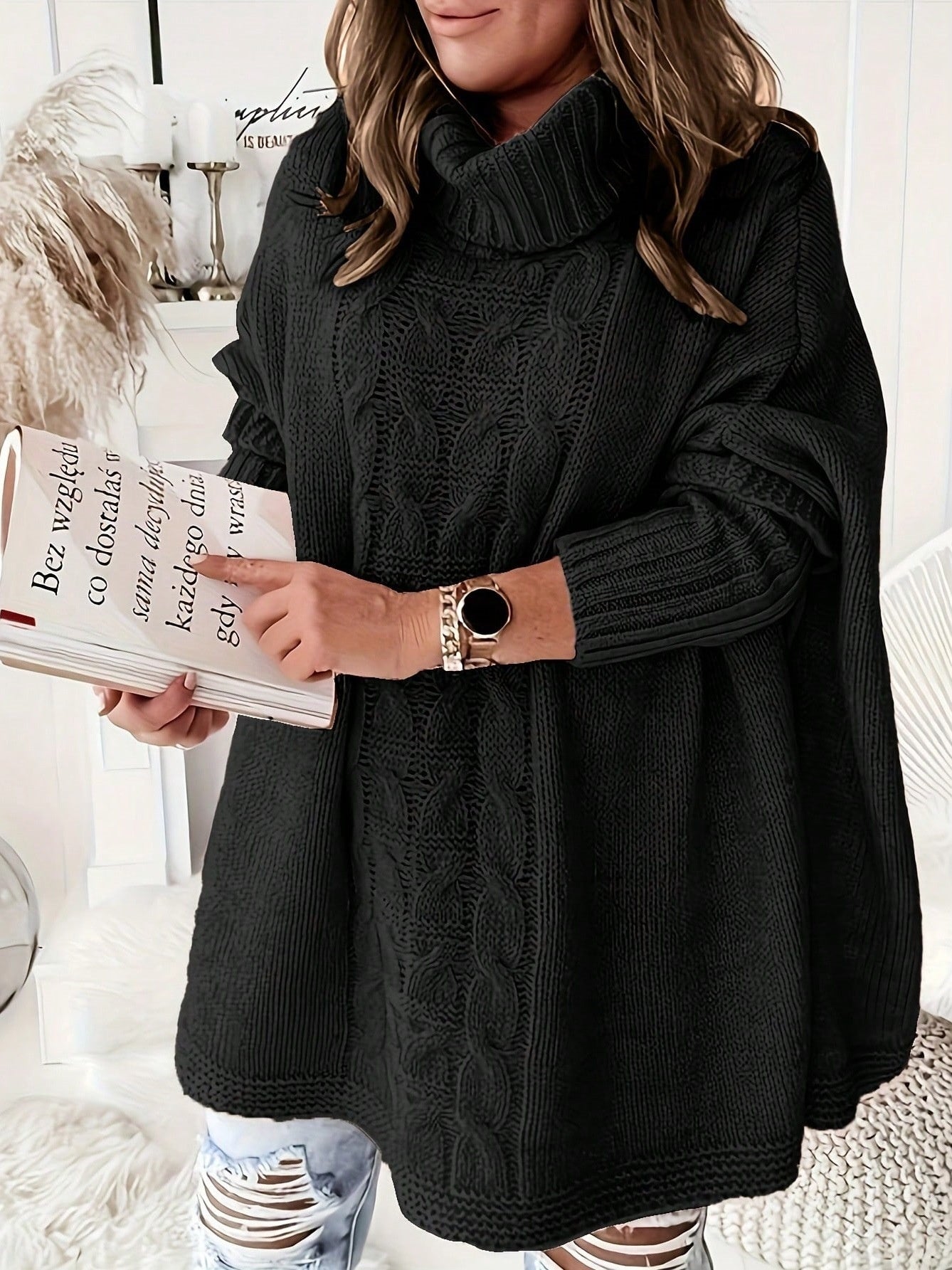 Lapel Batwing Sleeve Loose Casual Plus Size Women's Knitting Sweater