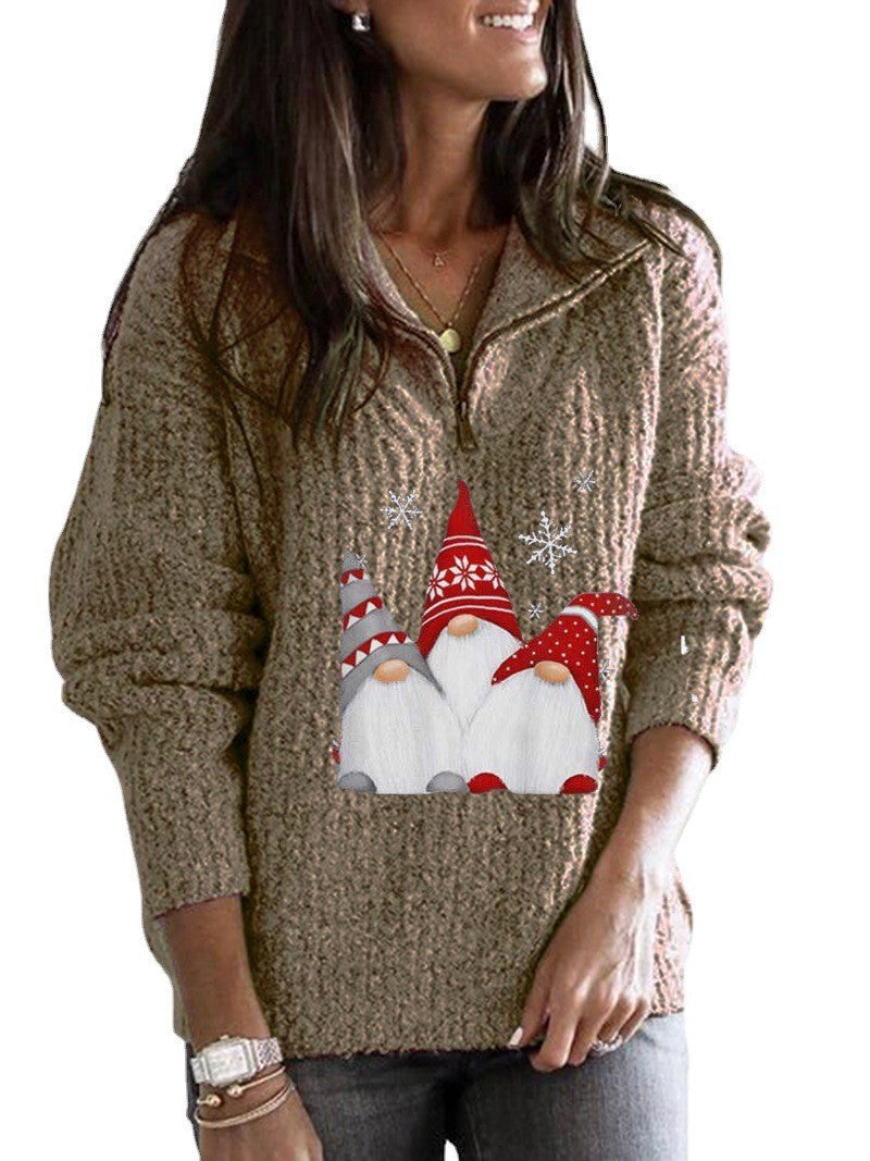 Women's Printed Long-sleeve Zipper Knitted Sweater