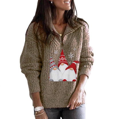 Women's Printed Long-sleeve Zipper Knitted Sweater