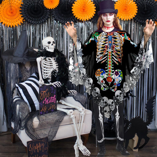 Halloween Skeleton Poncho, Lace Skeleton Halloween Costume Poncho Day Of The Dead Colorful Poncho For Women, 59 Inchx59 Inch-Cannot Be Listed On Amazon Platform