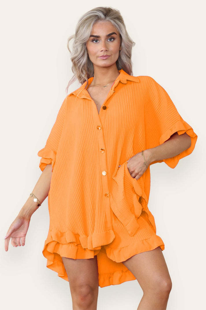 Button Pleated Frilled Ruffle Short Sleeves Shirt Top And Short Co-Ord Set