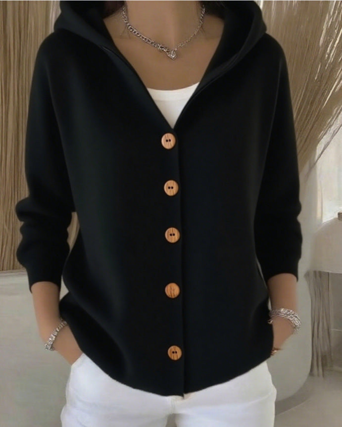 European And American Button Knitted Hooded Sweater Cardigan Coat