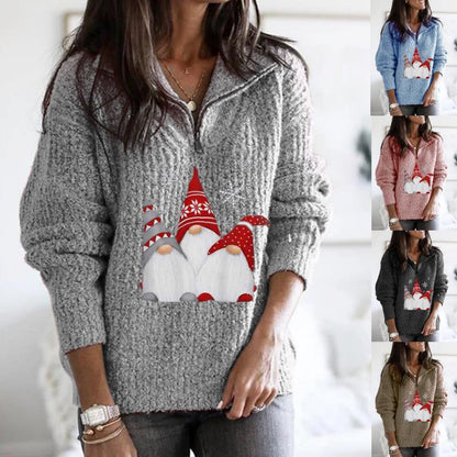 Women's Printed Long-sleeve Zipper Knitted Sweater