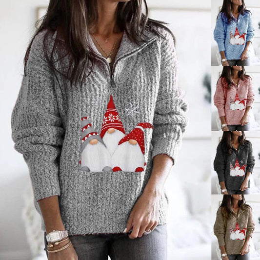 Women's Printed Long-sleeve Zipper Knitted Sweater