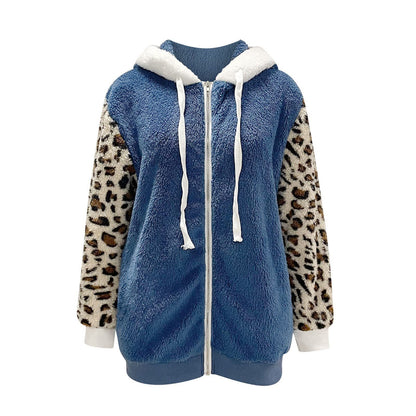 Long-sleeve Zipper Leopard Splicing Hooded Plush Coat For Women