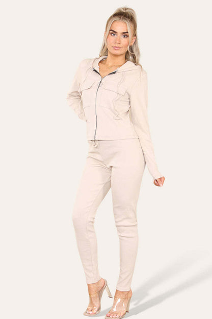 Front Pocket Zip Suit Ribbed Hooded Lounge Wear Set