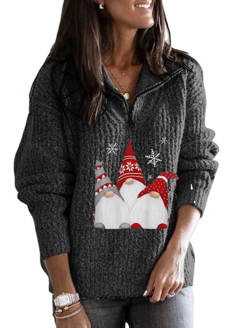 Women's Printed Long-sleeve Zipper Knitted Sweater
