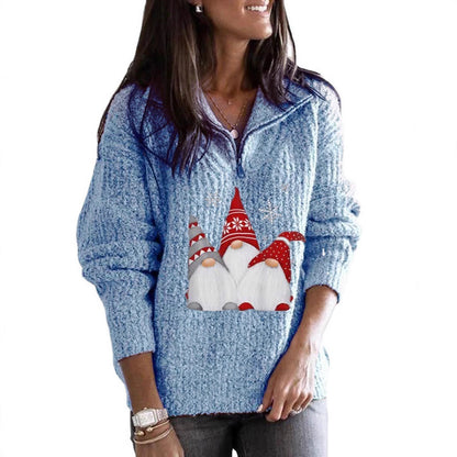 Women's Printed Long-sleeve Zipper Knitted Sweater